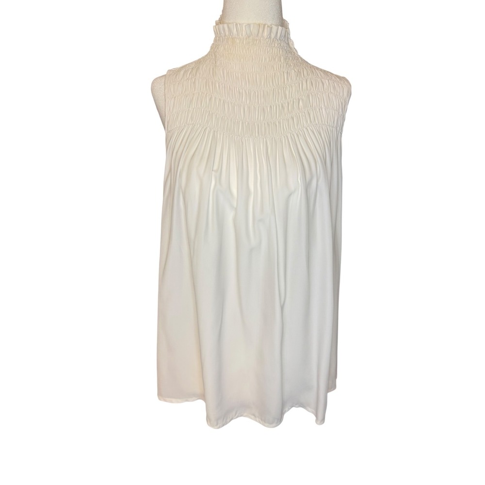 Madewell White Smocked High Neck Ruffle Sleeveless Blouse NY669 Womens Size S